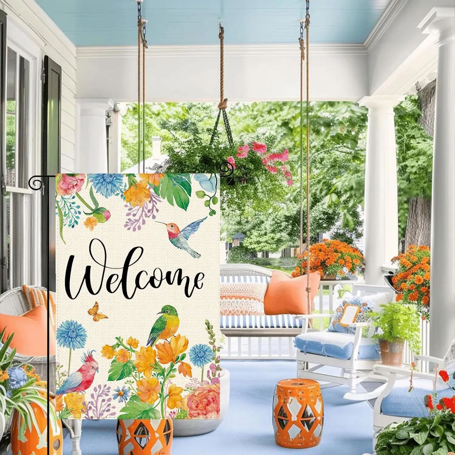 Summer Hummingbird Parrot Welcome Garden Flag 12 x 18 Inch Double Sided, French Vintage Peony Floral Farmhouse Burlap Small  KKW
