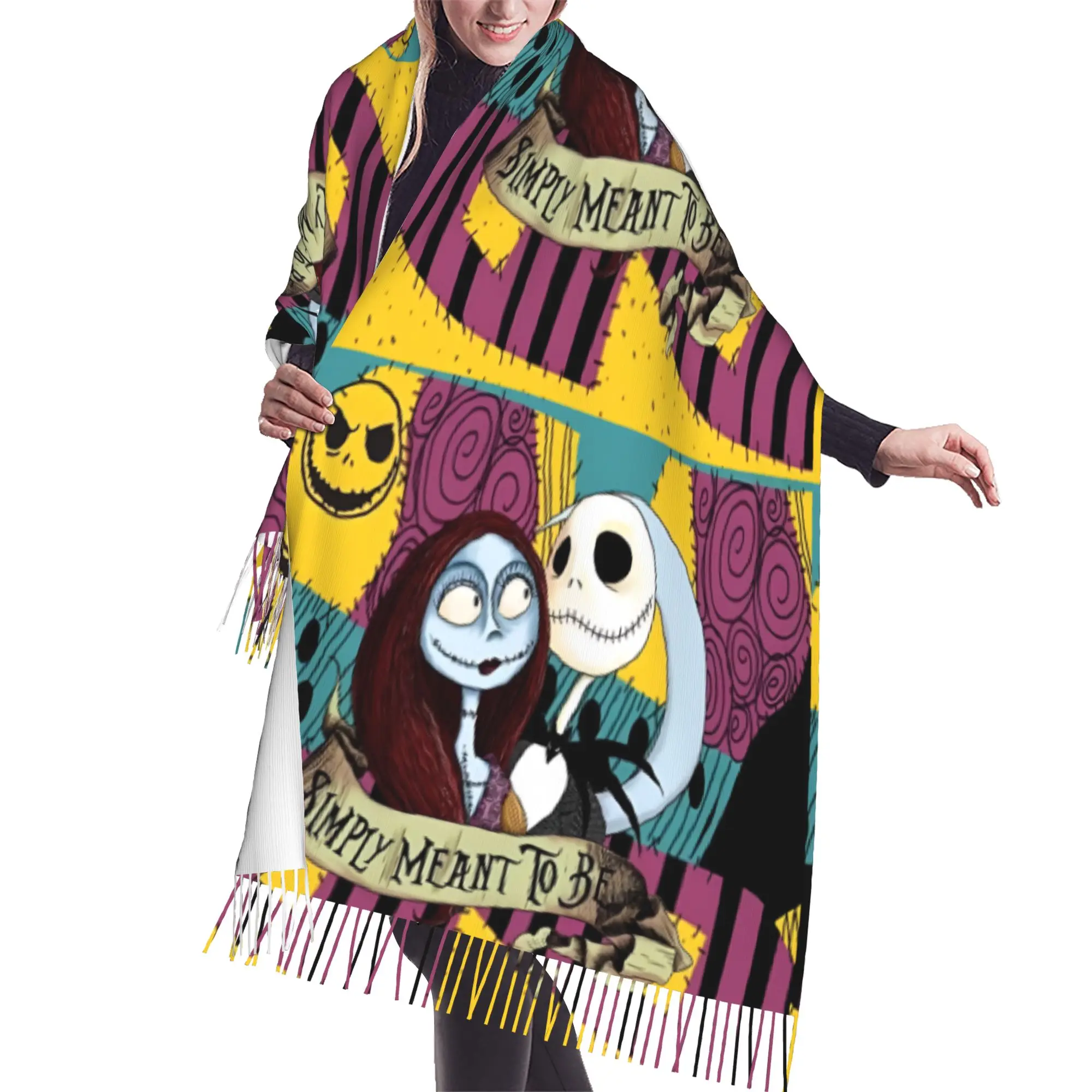Custom Lady Long Halloween Skellingtones Skull Scarves Women Winter Soft Warm Tassel Shawl Wrap Cartoon Manga Scarf