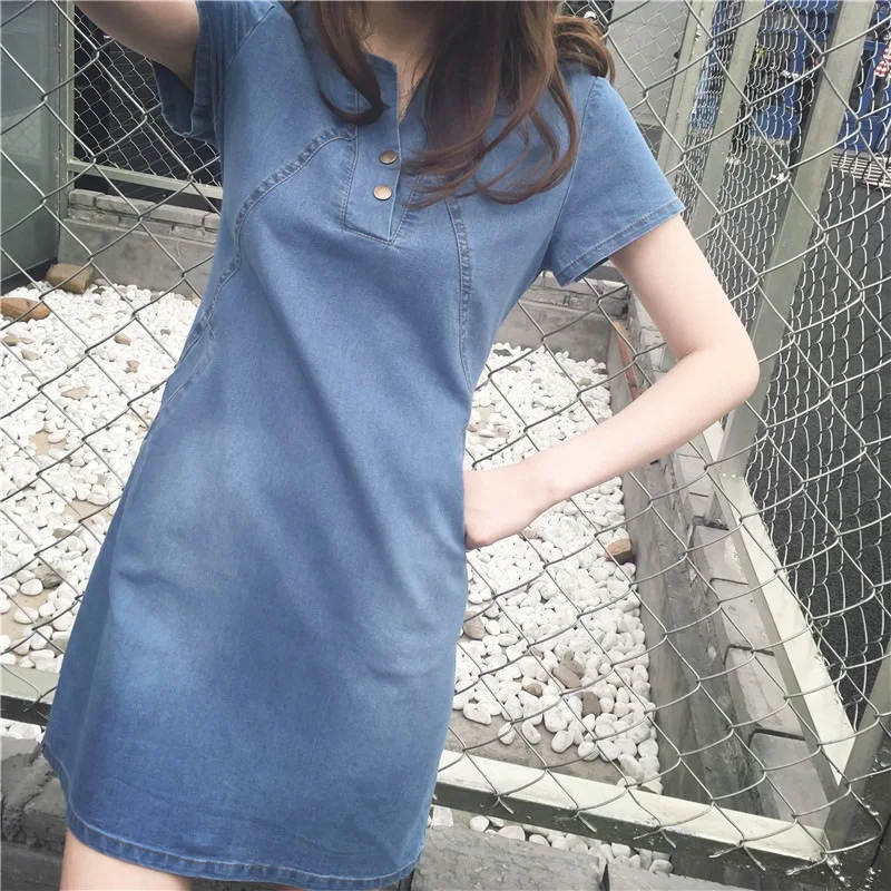 Spring Summer plus Size Women's Slimming Fashionable Short Sleeve Denim Dress Midi Length Base Layer Trendy Casual V Neck