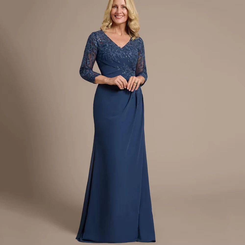 

Customized Vintage Mother of Bride Dresses Appliques Formal Gown Mermaid Floor Length V Neck robes Wedding Party Dresses