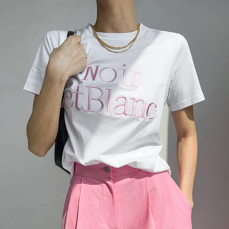 تي شيرت صيفي أنيق جديد برقبة دائرية مطرز بتصميم حروف فضفاضة غير رسمية بأكمام قصيرة تي شيرت علوي عصري متعدد الاستخدامات على ال...