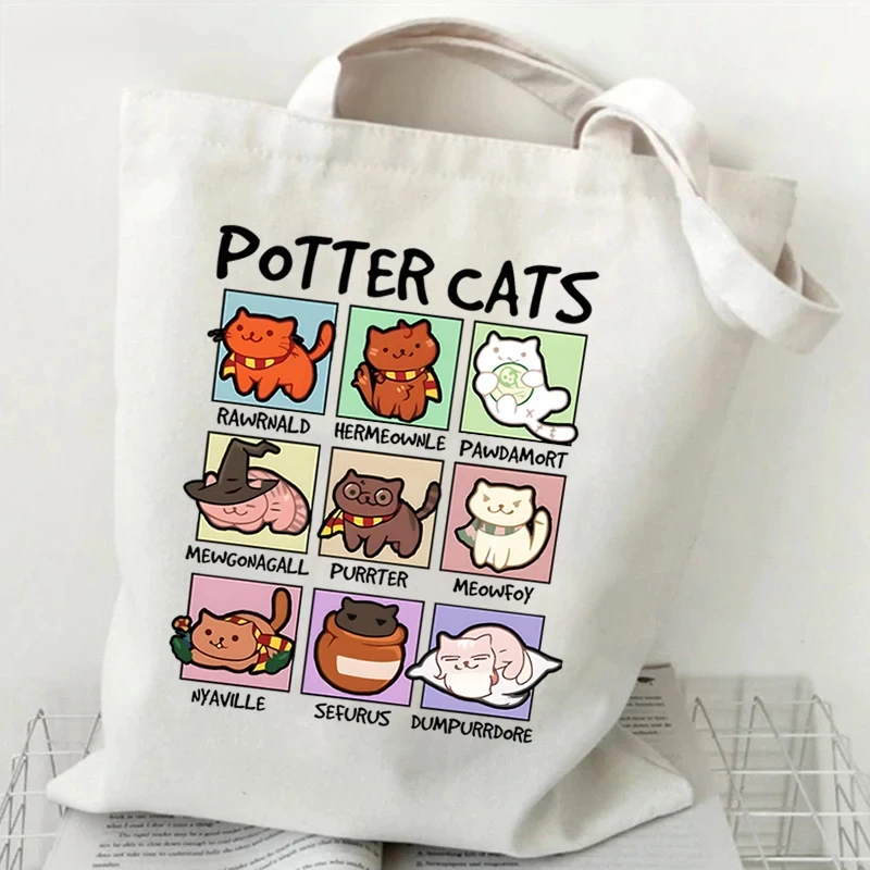 Potter Cats Canvas Bag Women Shoulder Bags Harajuku Animal Cat Funny Tote Bag Reusable Shopping Bag Potter Cats Women Handbags