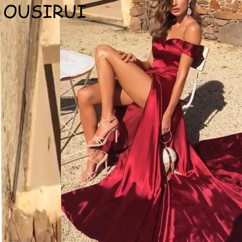 

OSUIRUI Simple Off the Shoulder Satin Solid Evening Prom Dresses with High Side Slit Court Formal Evening Gown vestidos de noche