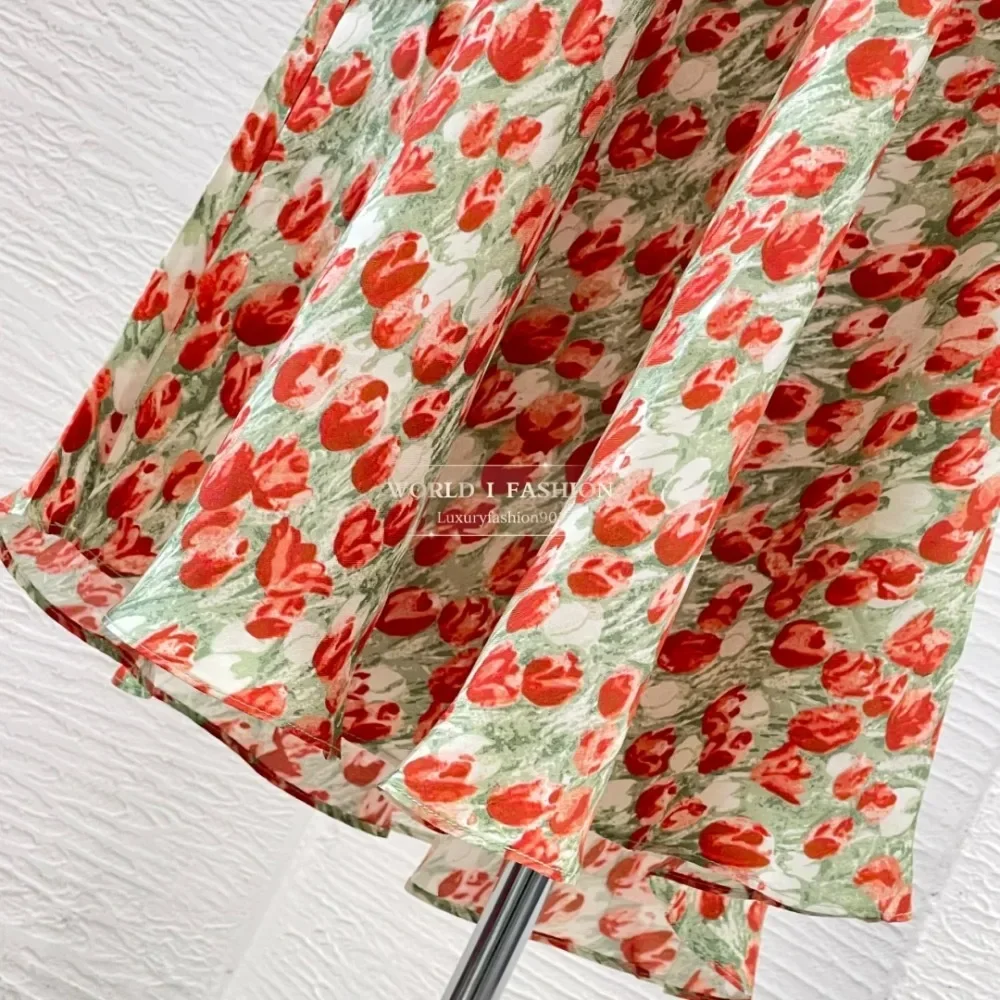 Backless Mermaid Fishtail Midi Dresses and Tops 2025 Green Red Floral Print Ruffles Frilled Sleeveless High Qualtiy