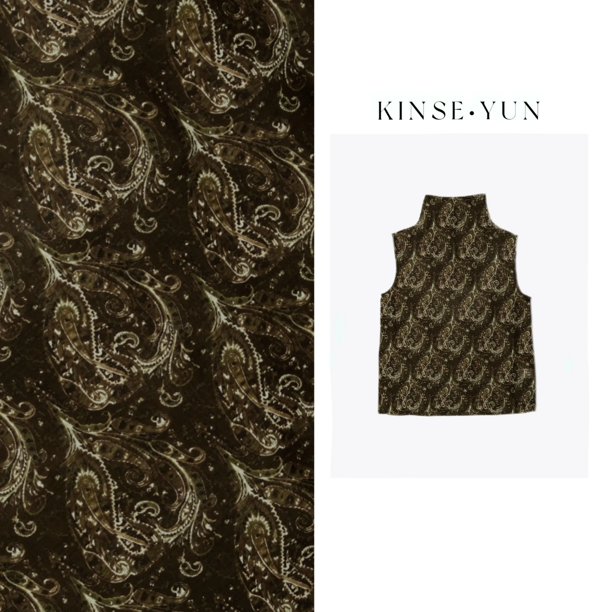 

KINSE·YUN Paisley Silk Vintage Style High Collar Sleeveless Top Nut Flower Design Women's Slim Fit Shirt Breathable Skin-Frie...