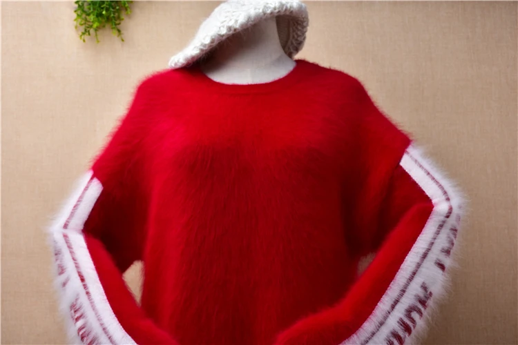 ladies women fashion red colored hairy mink cashmere knitted long flare sleeves o-neck loose pullover angora fur jumper sweater