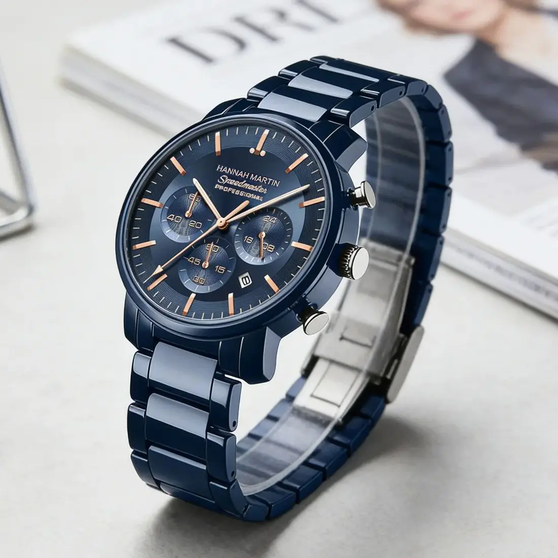 Multifunctional Men Watch Blue Stainless Steel Strap 46mm Timing Quartz Movement Sports Clock Hannah Martin Business Man Watches