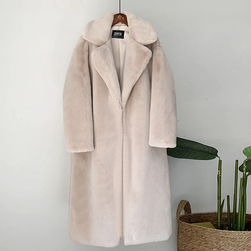 

New Women Winter Faux Fur Coat Warm Thick Long Plush Overcoat Turn Down Collar Female With Belt Casaco Feminino With Sash