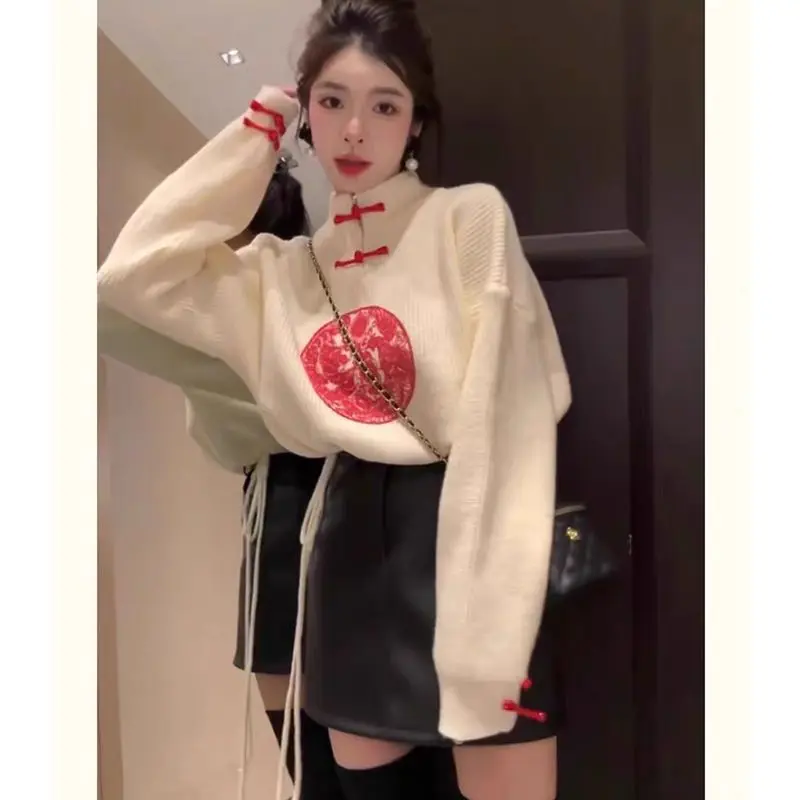 Women Autumn Fashion chinese style frog Embroidered Mock Neck Long sleeve Knitwear women clothes elegant trend knitting tops