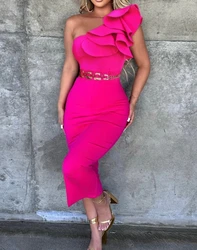 Female Elegant One Shoulder Ruffles Buckled Bodycon Dress Temperament Commuting Women's Rose Pink Fashion Skinny Party Dresses