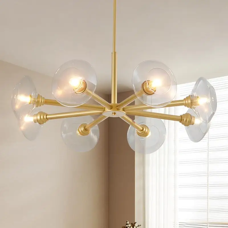 36" Gold 8-Light Sputnik Chandelier with Clear Glass Shades, Mid-Century Pendant Light for Dining Room, Living Room, or
