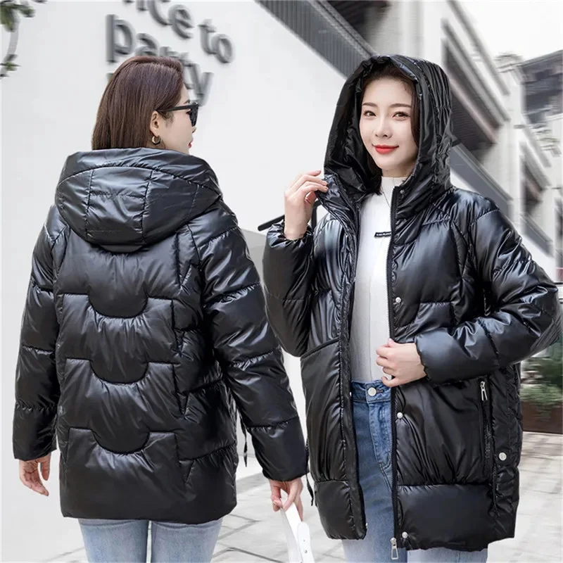 Jaqueta de inverno das mulheres parkas brilhante para baixo algodão acolchoado parka 2022 nova jaqueta feminina solta grosso outwear com capuz quente outcoat preto