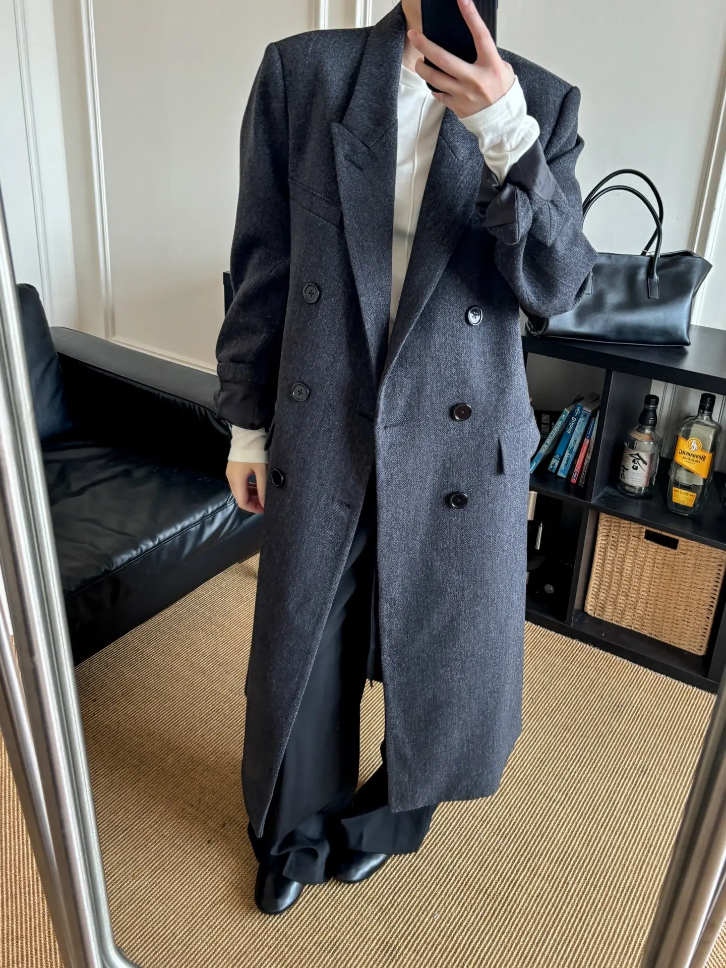 Dark Grey Women Long Wool Blazer Coat,  Lapel Double Breasted Oversized Maxi Wool Coat, Quiet Luxury Winter Outerwear