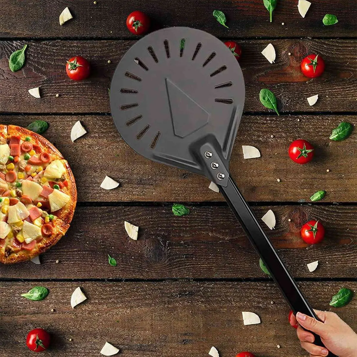 Metal Pizza Turning Peel Oversize Professional Long Round Pizza Tool Aluminum Adjustable Pastry Removable Handle-AT35