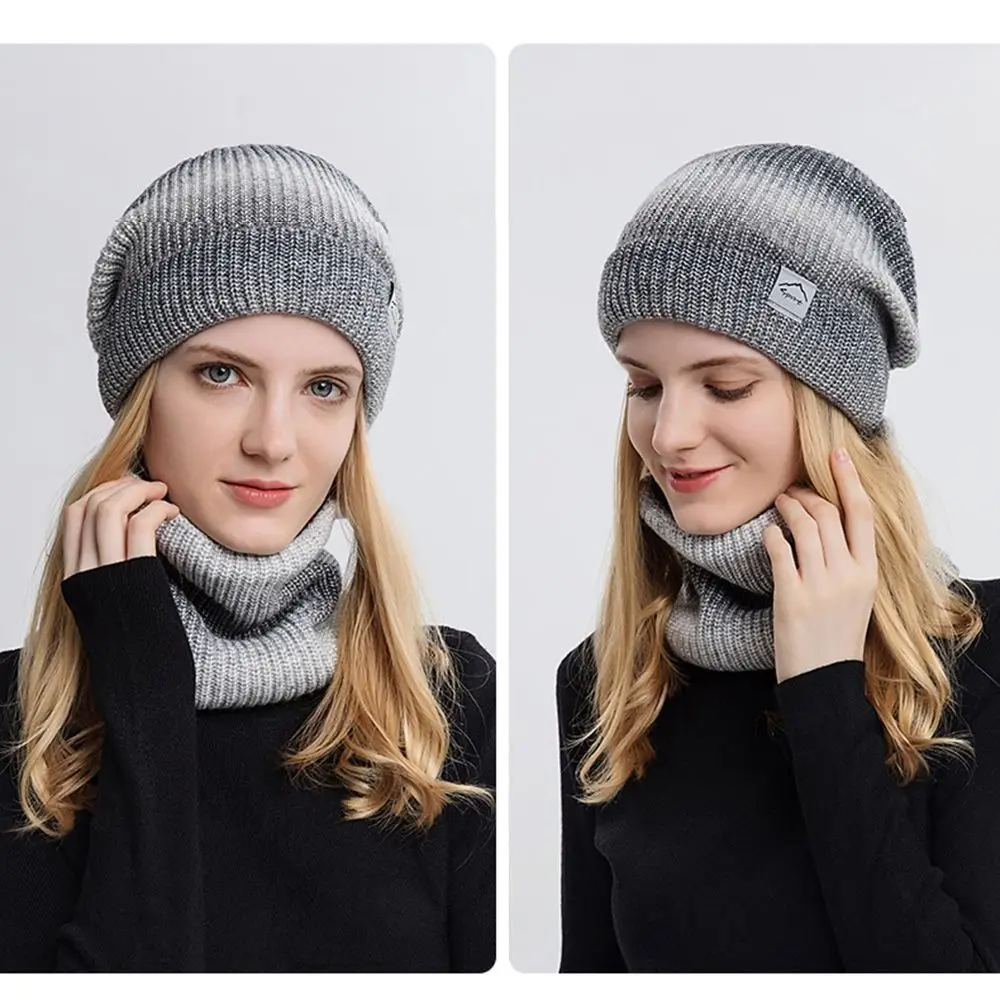 New Warm Fleece Wool Hat Knitted Gradient Winter Hat Thickened Ear Protection Cap Scarf Set Outdoor