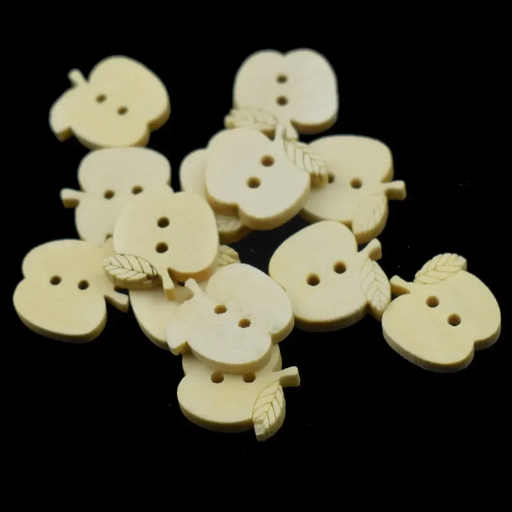 100PCS Wood Button Natural Color Cartoon Apple Wooden Button Sewing Scrapbooking for Christmas Crafts 2 Holes DIY Buttons