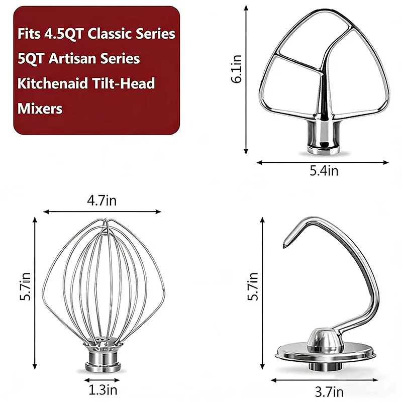 Dough Hook 4.5–5-Quart for Kitchen Aid Attachment Parts Breadmaker Paddle Stainless Steel Kitchen Aid Accessories