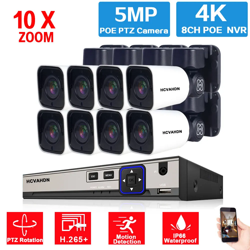 5MP PTZ CCTV Camera Security System Kit 4K 8CH POE NVR Set 10X Zoom IP Bullet Camera Video Surveillance System Set XMEYE P2P 4CH