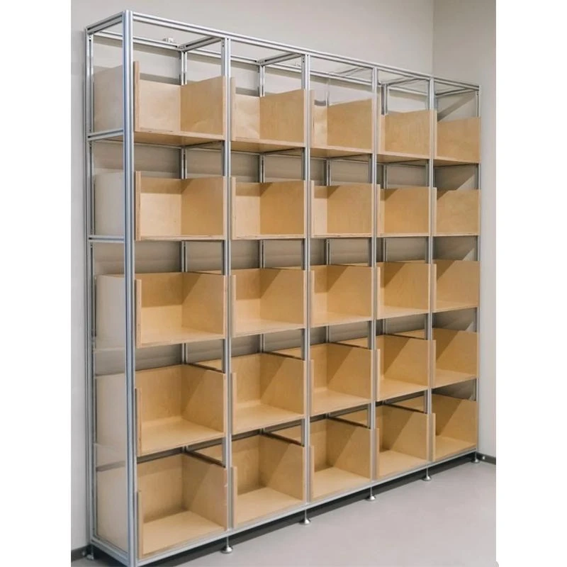 

Modern simple aluminum profile floor-to-ceiling bookshelf, birch multi-layer board shelf