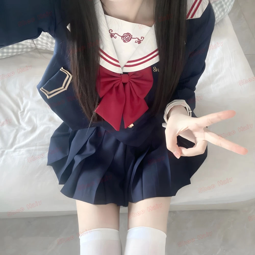 女の子のための日本の制服,jkセーラースーツ,セクシーなプリーツスカート,女性のためのアニメのコスプレ衣装,白いハートのストリーマー,学生会