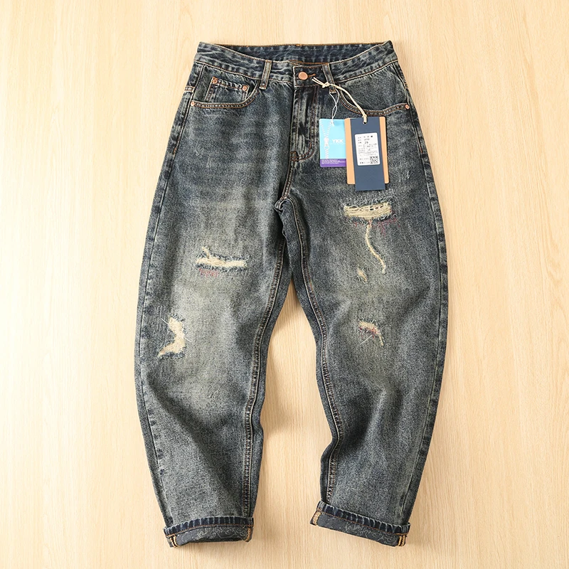 

Ретро американский Sle ореховый цветок Distred повседневные прямые мужские джинсы весенне-осенний сезон модный дизайн с отверстиями