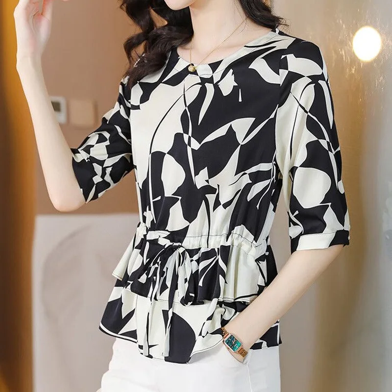 Fashion Women's Shirt for Summer New Printing Short Sleeve O-neck Loose Drawstring Lacing Blouse Tops Elegant Vintage Clothing