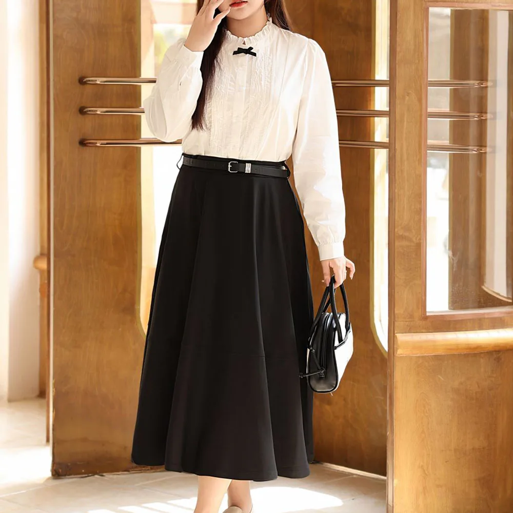 Sweet Preppy Style Ruffle Stand Collar White Shirt for Women, Good Quality Plus Size Casual Black Skirts Spring Summer 2Pcs Sets