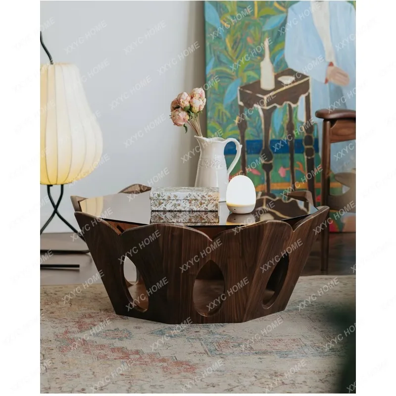 HH Retro Lotus Coffee Table Living Room Black Walnut All Solid Wood Modern Simple Home Tea Table
