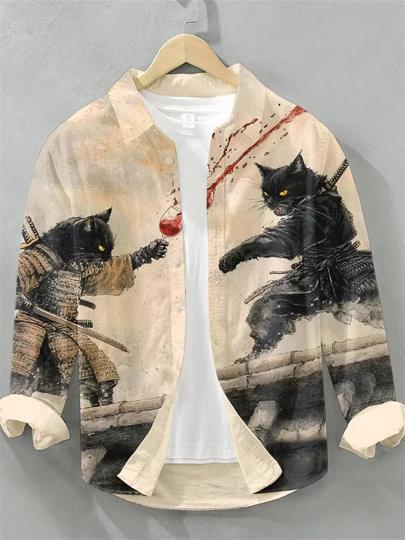 New Chinese style ukiyo-e black panther print men's long sleeved shirt, vintage casual shirt clothing