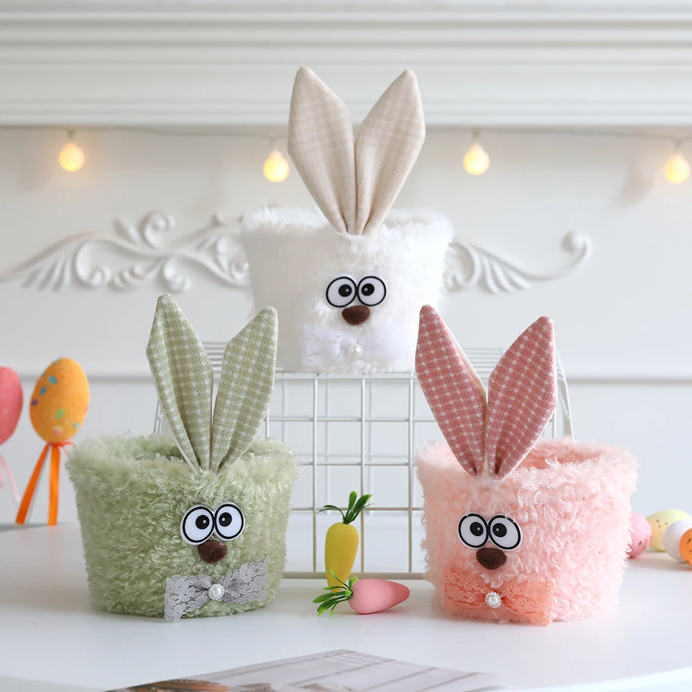 Easter Bunny Basket Empty Easter Egg Hunting Bucket Rabbit Ears Handbag Plush Rabbit Storage Bag Candy Basket Easter Party Decor