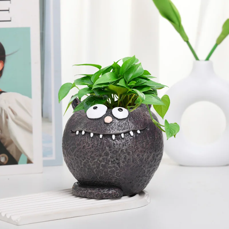 Funny Black Cat Flowerpot Succulent Ugly Cute Kitten Resin Plant Pot Tabletop Vase for Home Office Decoration Garden Supplies