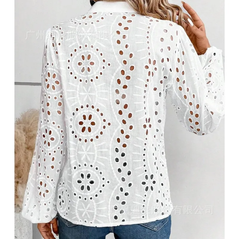 2024 Spring/Summer Fashion Casual Shirt Women\'s White Splicing Hollow Embroidery Loose Stand up Collar Long Sleeve Shirt Women\'s