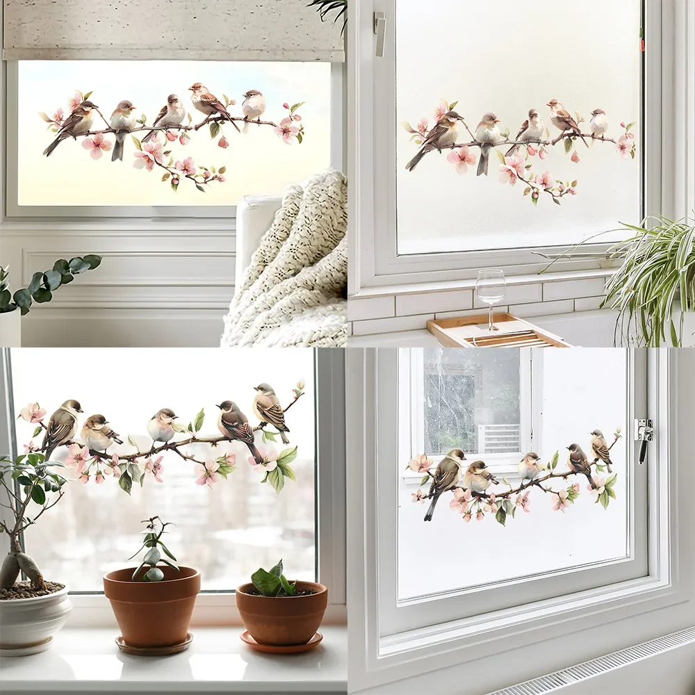 PVC Flower Window Clings Birds Tree Branch Glass Sticker Anti-Collision Decal For Bedroom Restroom Doors Decorative Films