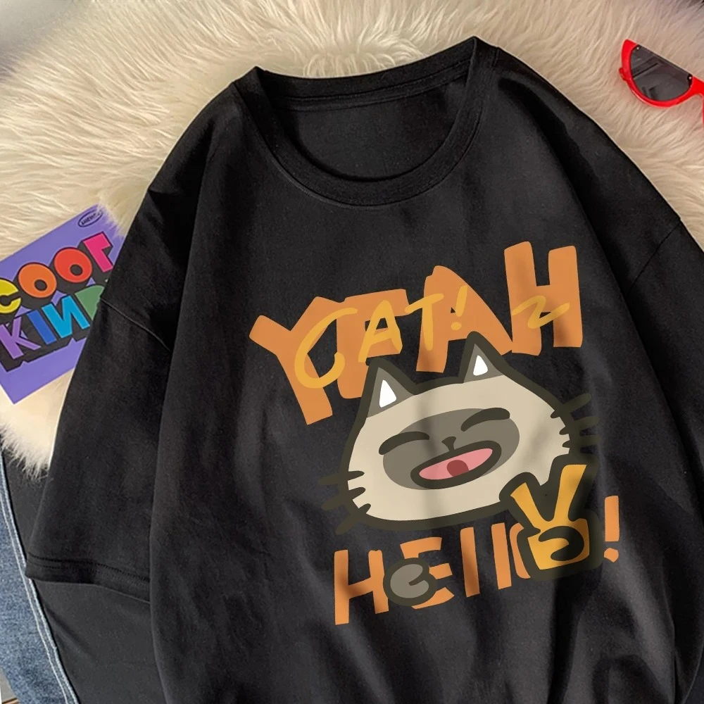 안녕하세요 작은 고양이 귀여운 인쇄 여성 티셔츠 만화 인쇄 탑 o-넥 부드럽고 편안한 반팔 여름 캐주얼 의류