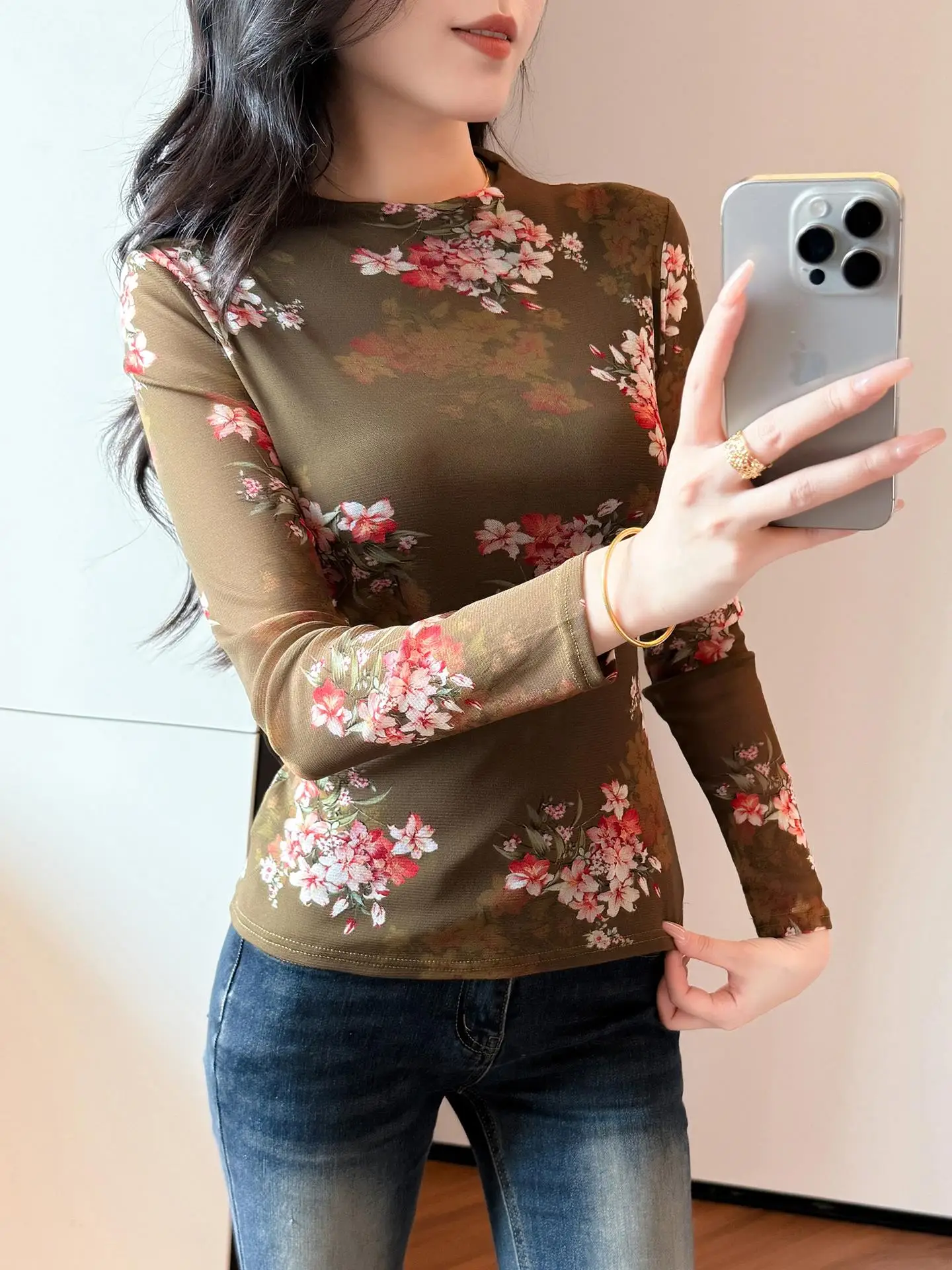 

Женский топ Long Sve с высоким воротником и принтом, приталенный крой, модная внутренняя одежда, корейский топ Sle Commute Faion