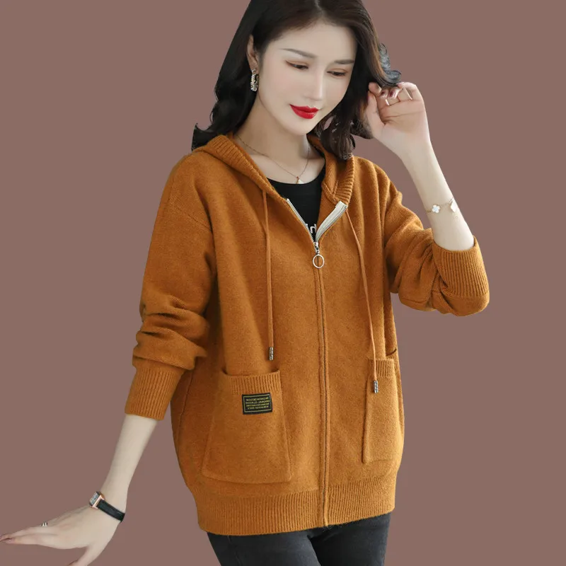 

Autumn Winter Outerwear Zipper Hooded Long Sve Regular Length Cardigan Women's Faionable Knitted Wool Sweater Coat