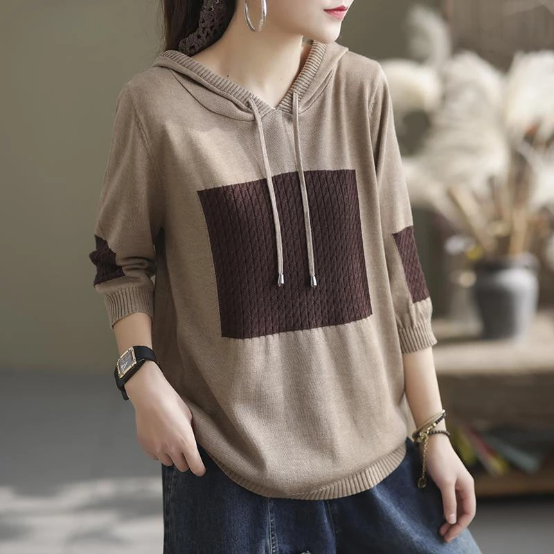 

Thin Worsted Causal Hoodies Patchwork Leisure Loose Pullover Hooded Spring Autumn Women's Clothing Comfortable 2024 Trend