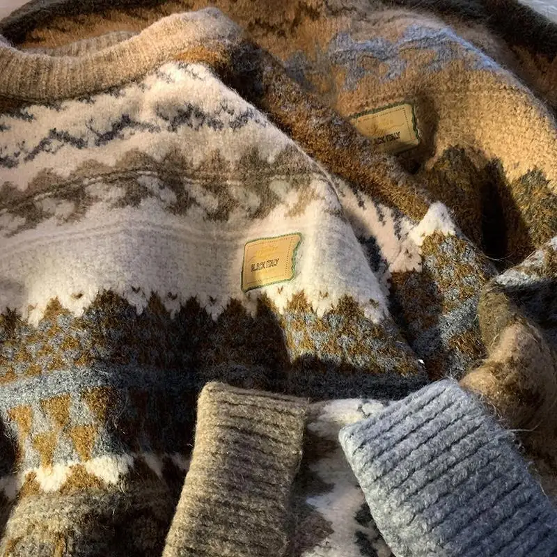 Unisex Sweater 2025 Autumn Winter Men's Thickened Lazy Style Sweater Retro Crew Neck Loose Trendy Ins Casual Knitwear