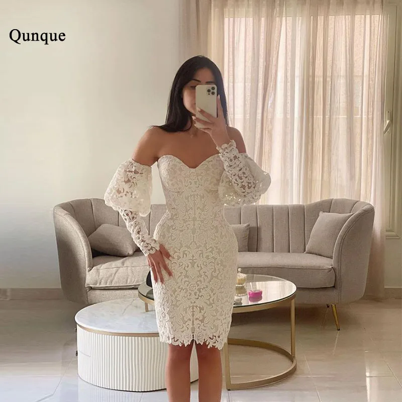 Qunque Knee-Length Lace Wedding Dresses For Women 2024 Bride Robe De Mariée Detachable Puff Sleeves Sweetheart Boho Bridal Gowns