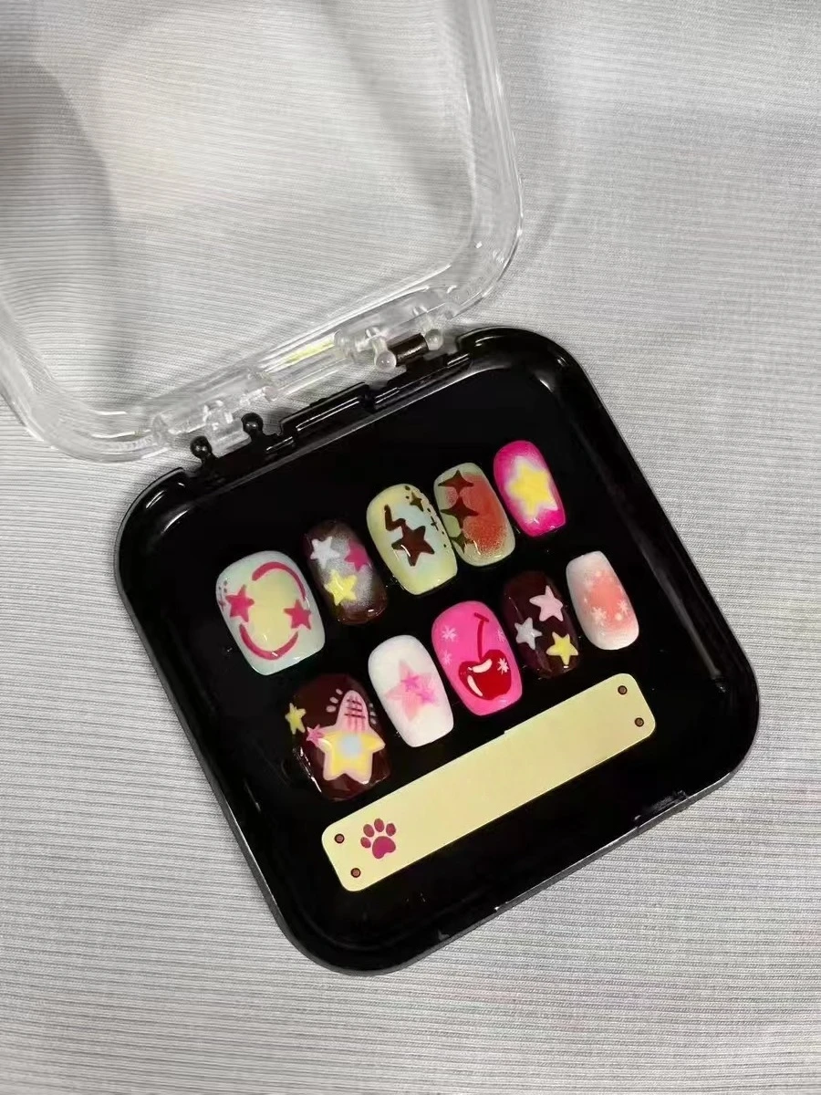 New Handmade Chocolate Stars Hand Painted Wearing Nail Art Cartoon Sweet Cool Babes Y2K Color Dopamine Press on Nails