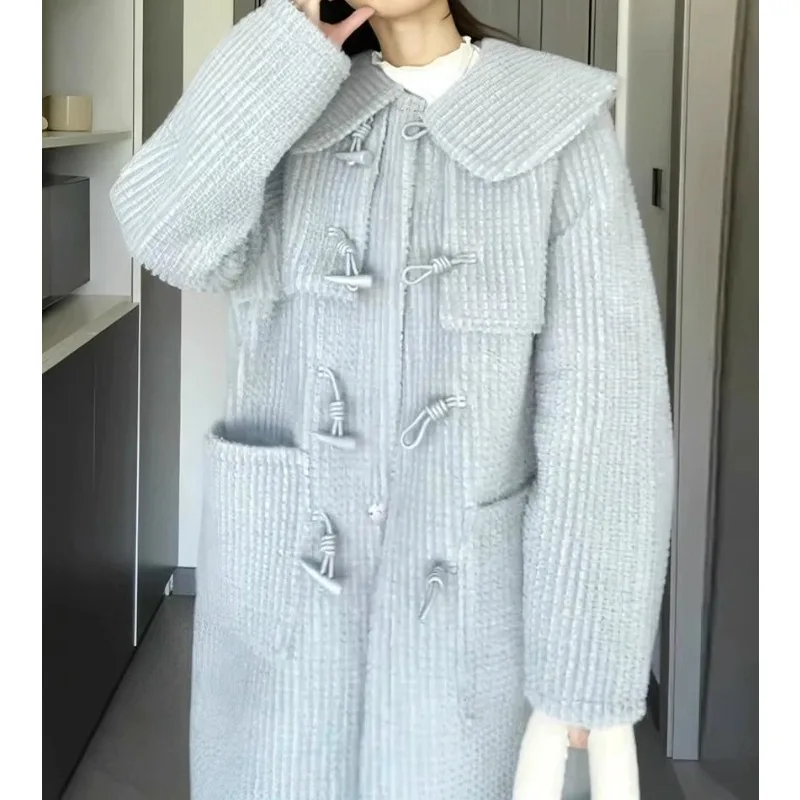 Doll Collar Horn Buckle Coat Women's Autumn and Winter Loose and Thin Medium and Long Trench Coat