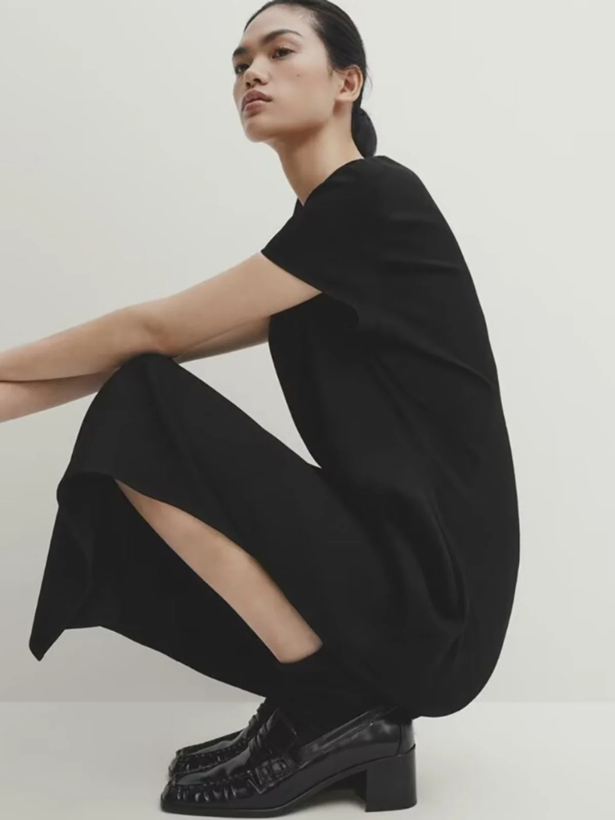 Ele mat Bla ort Sve Midi Dr coupe droite Little Bla Dr Casual Sle Saison d'été ronde Ne Pure C...