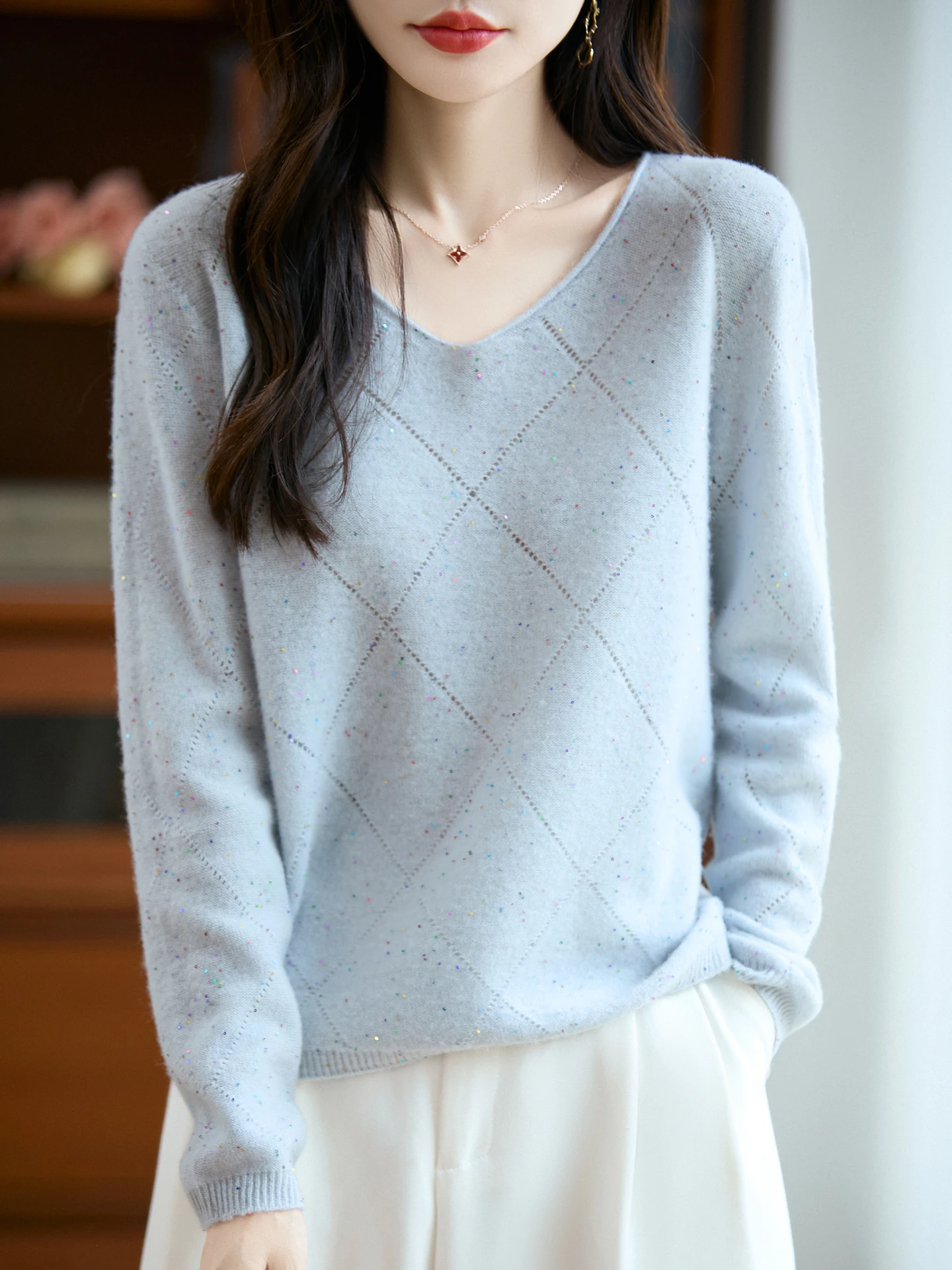 

Autumn Winter 100% Merino Wool Women's Hoodie V-neck Casual Fashion Soft Knitted Cashmere Sweater
