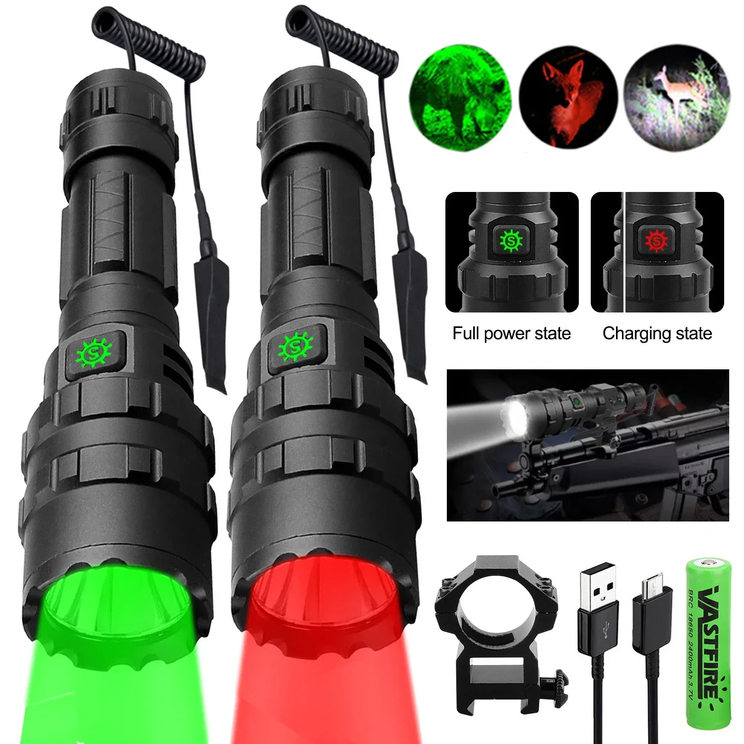 10W Professional Green Red LED Hunting Flashlight 5-Modes Predator Handheld Torch Rechargeable Lantern With Tail Switch