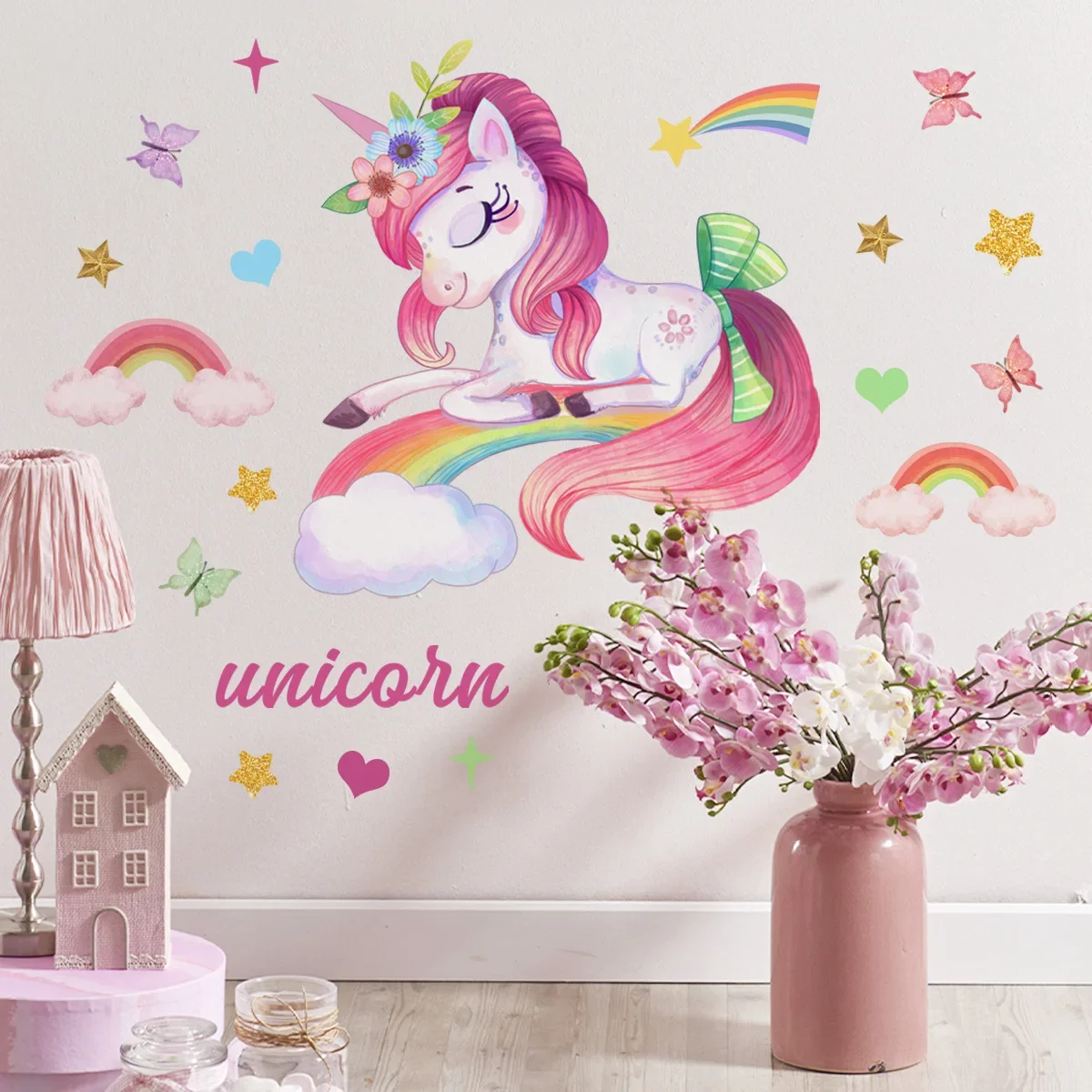 Smiling Unicorn Wall Stickers Background Wall for Kids Room Girls Room Decor Vinyl Wall Removable Decals for Nursery Home Decor