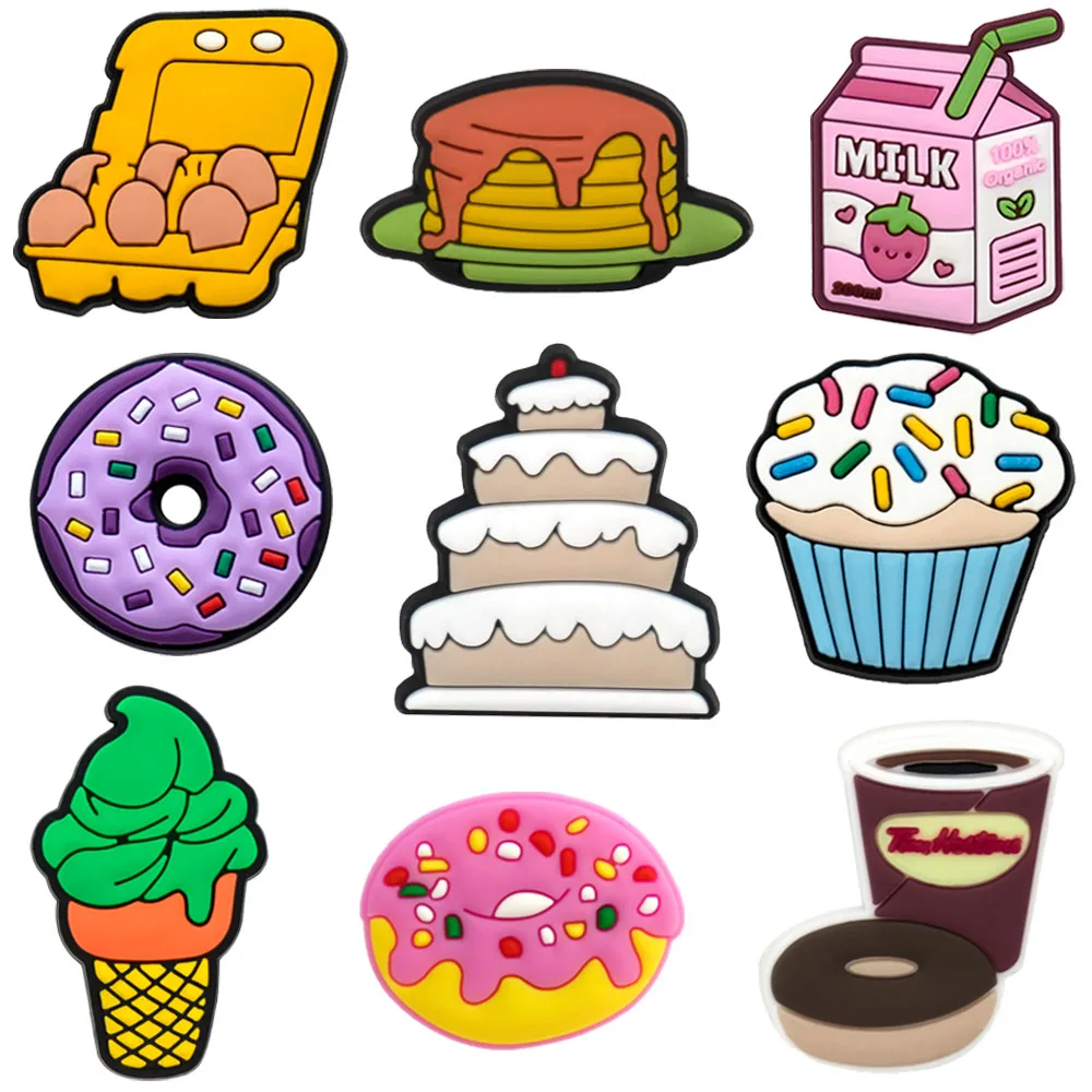 1/9pcs Cute Food Pins Shoe Charms Cakes Shoe Decorations Accessories Donut Milks Sandals Pins For Women Men Kids Clog Buckles
