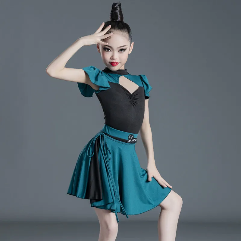 Sexy Latin Dance Dress For Girls Ballroom Salsa Tango Top Skirts Kids Children Leopard Latin Dance Split Dress Leotard Skirt