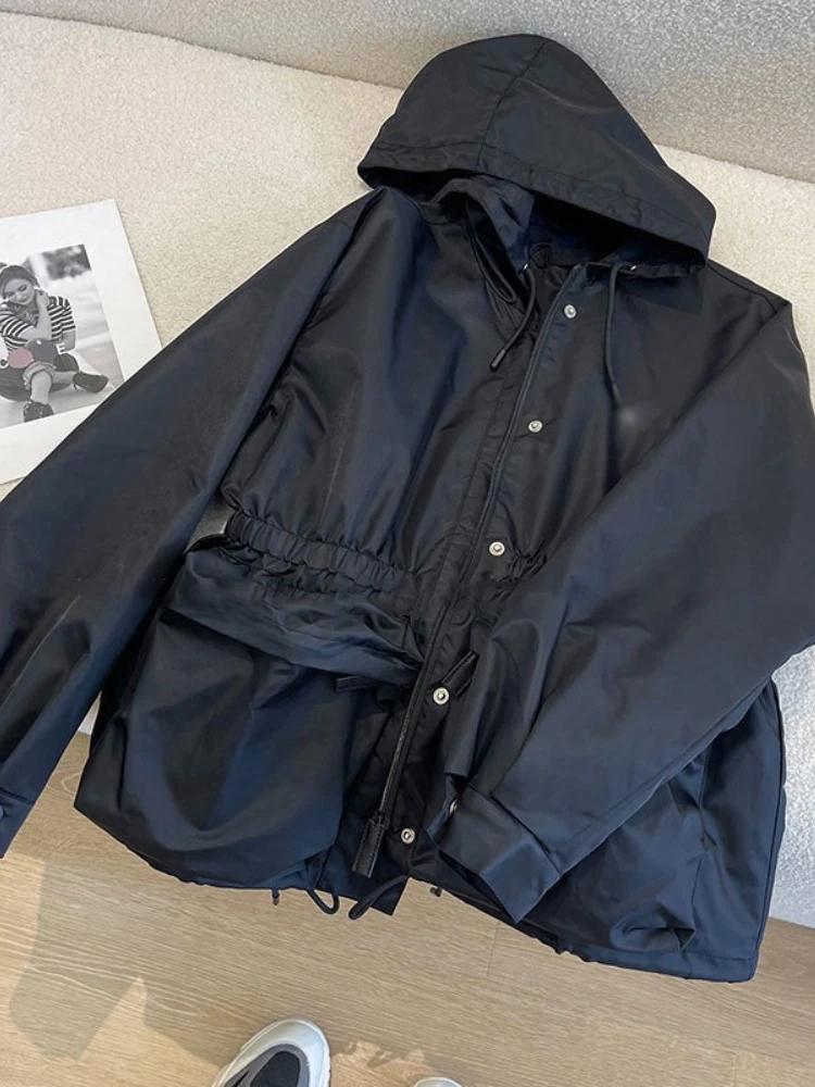 Autumn New Black Jacket Jacket Women's Hooded Drawstring High-end Thin Jacket Top