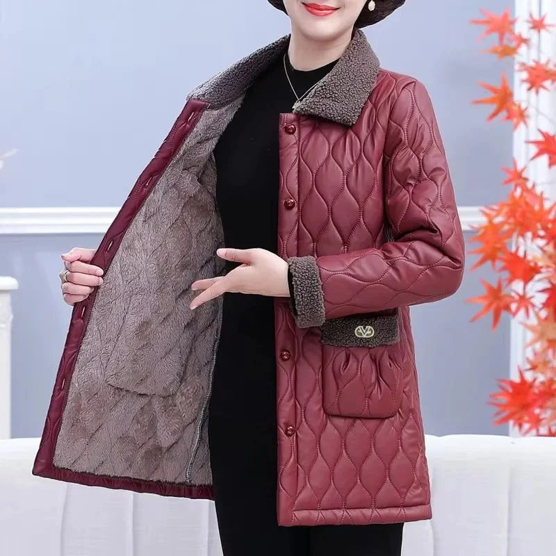 Middle Aged Mother PU leather Down Cotton Tops Winter Female New Medium Long Cotton Jacket Ladies Large Size 6XL Puffer Coat