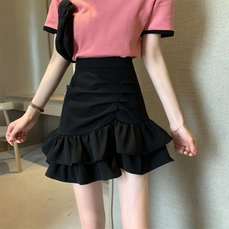 2023 New Summer Fashion Exquisite High Waist Pleated Covering Stomach Slim Irregular Ruffle Edge Versatile Style Fishtail Skirt